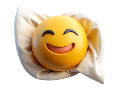 Smiling yellow emoji wrapped in soft cloth isolated on transparent background, conveying comfort and gentle happiness