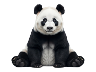 Seated panda with black patches, white fur, front-facing on a solid black background