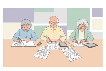 Elderly individuals joyfully learning and creating comics together fostering creativity and community