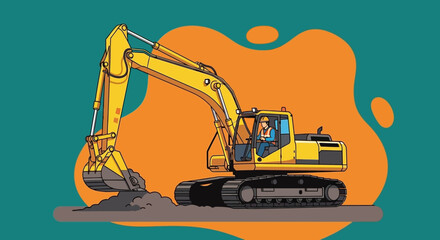 Yellow excavator with operator digging symbolizing construction work and heavy industry