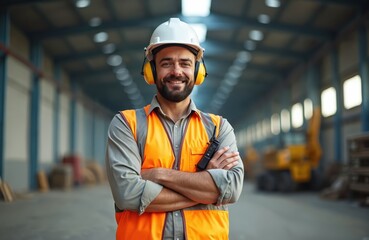 Smiling construction man wears hard hat, safety vest, ear protection. Holds walkie-talkie, crosses arms inside industrial building site. Bearded engineer supervisor looks confident at work on