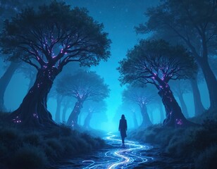 Woman walks glowing path in dark forest. Trees bright purple lights on trunks, branches. Blue sky with many stars above. Sci-fi nature scene at night shows person exploring mystical cybernetic grove,