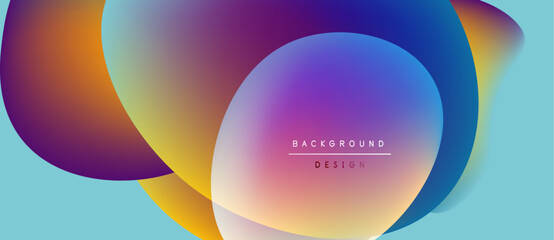 Abstract colorful shapes overlap. Gradient hues blend, creating dynamic visual effect. Light blue background complements vibrant design elements.