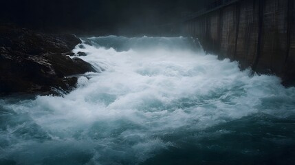 Dramatic powerful water flows over a concrete dam showcasing immense natural force and hydroelectric energy