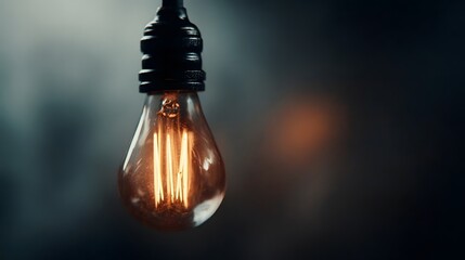 A close up of a vintage incandescent light bulb with glowing filaments emitting warm light in a dark atmospheric setting