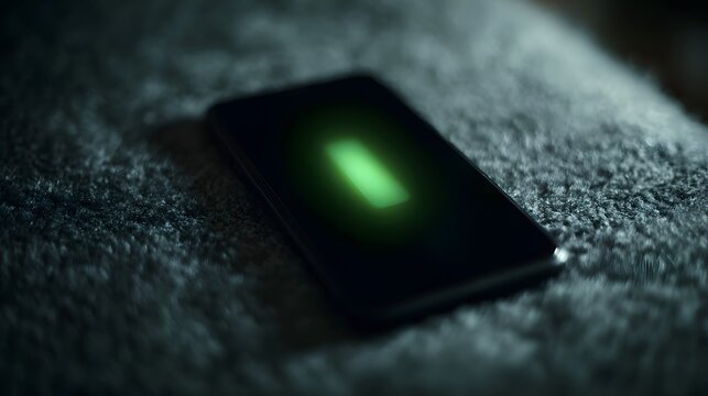 A glowing green battery charging indicator on a dark smartphone screen - Powered by Adobe