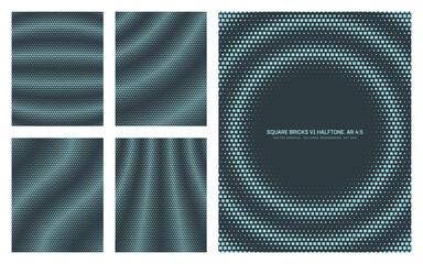 Assorted vector square bricks dark cyan halftone pattern set in vertical 4:5 aspect ratio including round frame and various striped distorted textures. Varied half tone textured design elements bundle