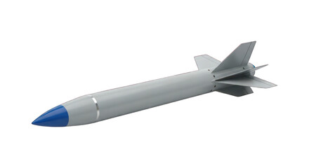 Sleek gray missile with blue tip, angled on black backdrop, appears digitally rendered