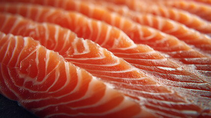 Close up view of rows of fresh salmon fillets with visible fat marbling detail