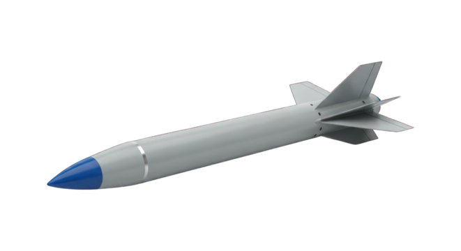 Sleek gray missile with blue tip, angled on black backdrop, appears digitally rendered