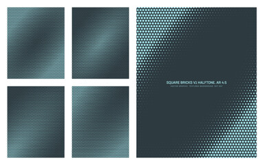 Assorted vector square bricks dark cyan halftone pattern set in vertical 4:5 aspect ratio including diagonal oval frame and various smooth textures. Varied mod half tone texture design elements bundle