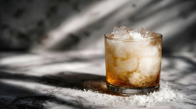 Amber cocktail with crushed ice and white specks served in a glass on a marble surface with dramatic shadows - Powered by Adobe