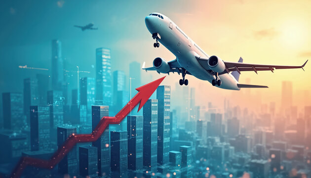 Airplane flies over financial chart representing aviation industry growth. Red arrow indicates upward trend. Skyscrapers, cityscape depict global market success. Concept of recovery, progress in