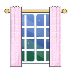Window with Pink Curtains: Night Stars and Green Field View.