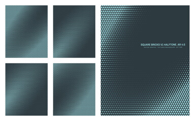 Assorted vector square bricks dark cyan halftone pattern set in vertical 4:5 aspect ratio including tilted elliptical frame and various smooth textures. Varied half tone texture design elements bundle
