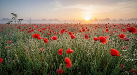 Sunrise over serene poppy field landscape in bloom