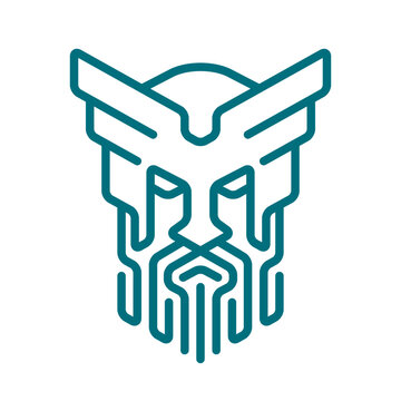 Illustrated grim-looking viking with a helmet in linear style