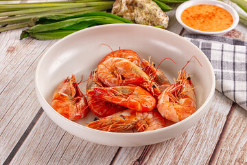 Delicous boiled tiger prawn with sauce