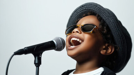 Happy and smiling black boy is singing, isolated on plain white background with copy space for text.