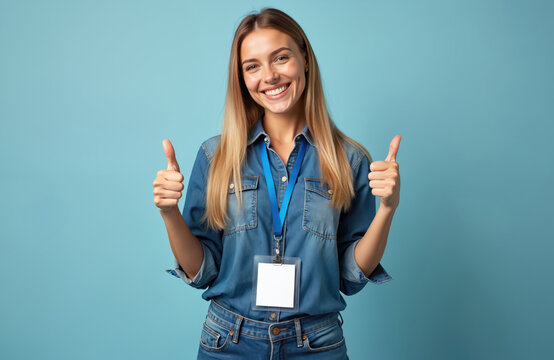 Happy young woman smiles brightly, giving two enthusiastic thumbs up gesture. Wears casual denim shirt, jeans, empty ID badge on blue lanyard. Looks positive, confident, showing approval for business