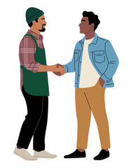 Minimalist vector illustration of two men shaking hands, wearing casual and work attire, standing on transparent background in a clean, modern, stylized flat design