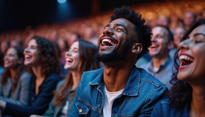 Diverse audience laughs heartily at lively stage show. People enjoy communal entertainment event, feeling joy and happiness together. Friends share fun night out at theatre.