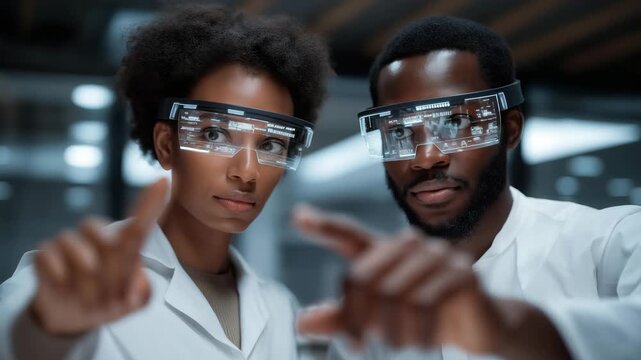 Scientists in sterile laboratory using AR interfaces to manipulate 3D virus models, expressing focused concentration and fascination, symbolizing cutting-edge biotechnology, digital research tools, - Powered by Adobe