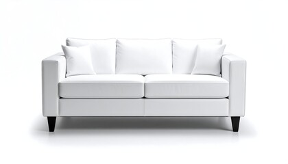 A pristine, white two-seater sofa, against a bright, clean white backdrop