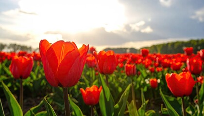 Obraz premium Vibrant Red Tulips Field Bathed in Golden Sunset Light with Dramatic Clouds Overhead