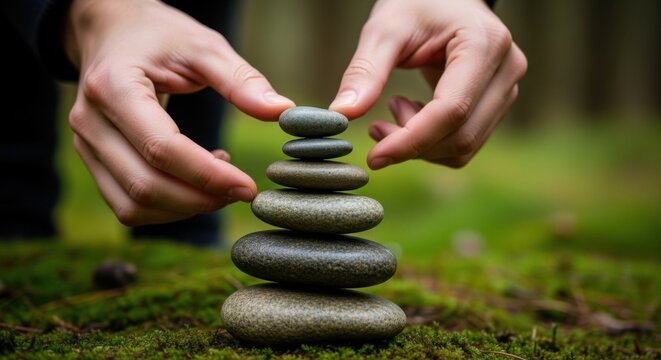 Balancing serenity with stacked stones in nature for mindful meditation and harmony