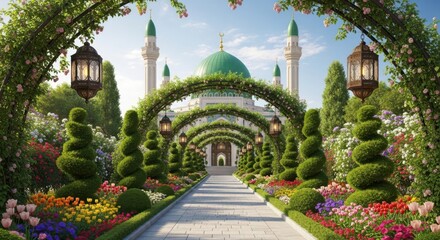 Fototapeta premium Enchanting islamic garden pathway leading to a mosque with lush greenery