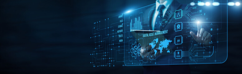 Business storage organization touching interface and digital asset management workflow cloud media...