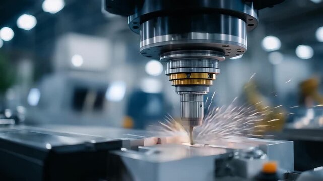 Close-up of CNC machines operating autonomously on complex aerospace parts, emotion of meticulous focus and technical mastery visible, representing precision engineering, automated fabrication, and