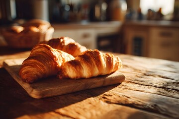 Flaky butter croissants on a Rustic wooden countertop. breakfast in the morning