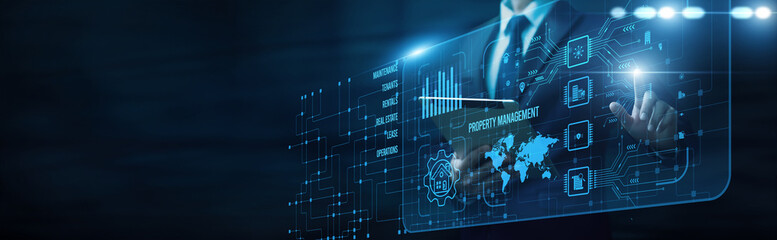 Business service control touching interface and property management system lease administration maintenance digital monitoring operation automation tenant coordination, and analytics.