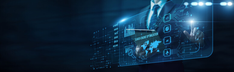 Business visibility growth touching interface and search engine optimization marketing strategy...