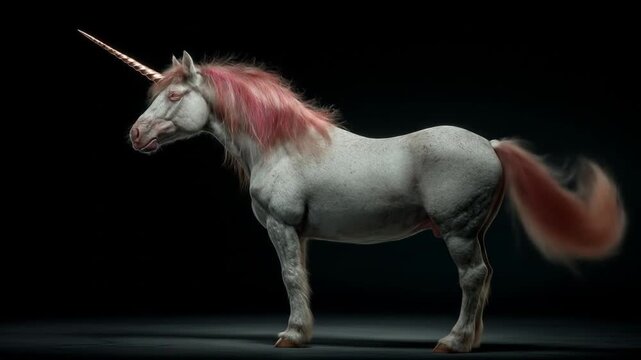 Majestic unicorn with pink mane and horn on black background