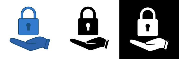 Flat vector illustration of a human hand holding a closed padlock symbolizing trust, data protection, and secure access. Perfect for cybersecurity companies, password protection concepts, etc.