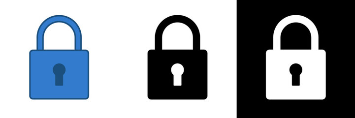 Flat vector illustration of a padlock icon in three styles: colored, black, and white. Represents data protection, privacy, password security, and access control. Ideal for cybersecurity, etc.