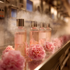 Luxury floral perfume bottles with pink peonies in production line and soft mist