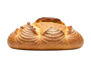 Sourdough loaf, golden crust with scored design, isolated