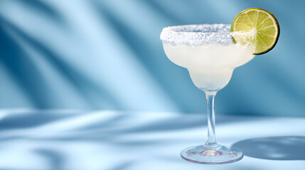 Classic margarita cocktail with lime slice and salt rim on light blue background