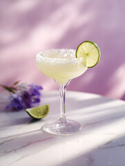 Elegant margarita cocktail with lime slice and salt rim on marble table with pink background