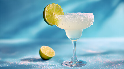 Refreshing margarita cocktail with lime slice and salt rim on blue background