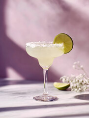 Refreshing margarita cocktail with lime slice and salt rim on marble table