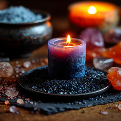 Burning blue candle with black salt and crystals on rustic wooden table
