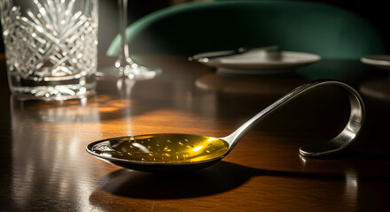 Obraz premium Elegant Spoon Holding A Golden Liquid Gracefully Placed On A Wooden Surface