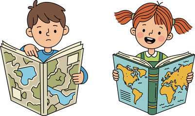 Happy boy and girl reading maps and geography books, learning about world continents, education, exploration, global study, travel knowledge, cartoon illustration © kulsum creatives