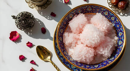 Elegant still life featuring rose petals, traditional sweet dessert, and oriental decor