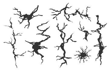 Crack wall, ground texture breaks on land surface. Ground fissure line sketch set. Crash fracture, land damage, earthquake